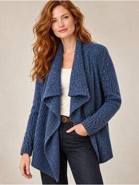 IrelandsEye Ireland Wool Cashmere Blue Donegal Tweed Waterfall Cardigan M